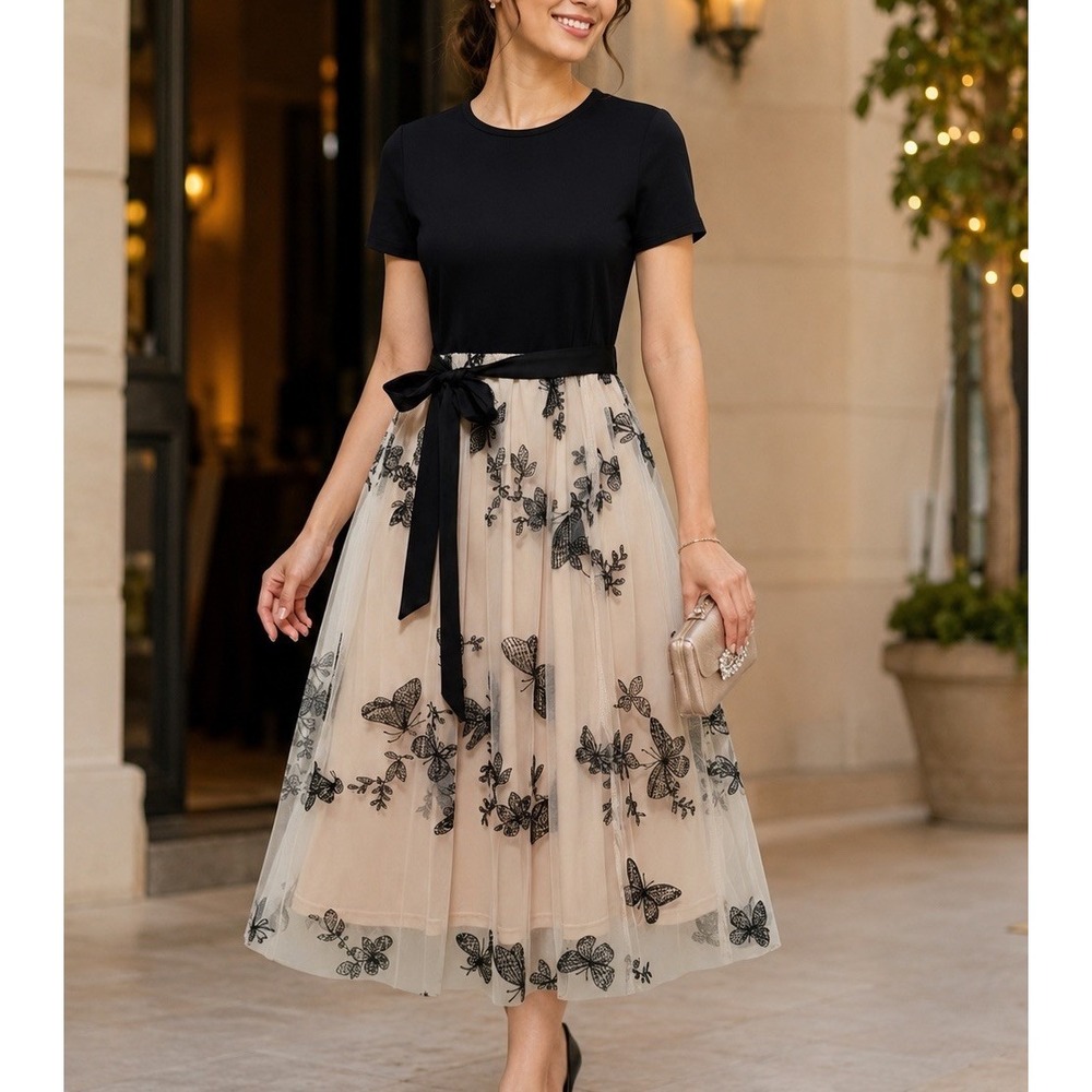 Women’s L Black Beige Butterfly Floral Embroidered Tulle Midi Dress Belt NWOT